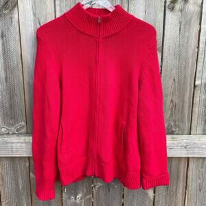Orvis Cotton Full Zip Cardigan Mock Neck Knitted Christmas Sweater Red Size XL